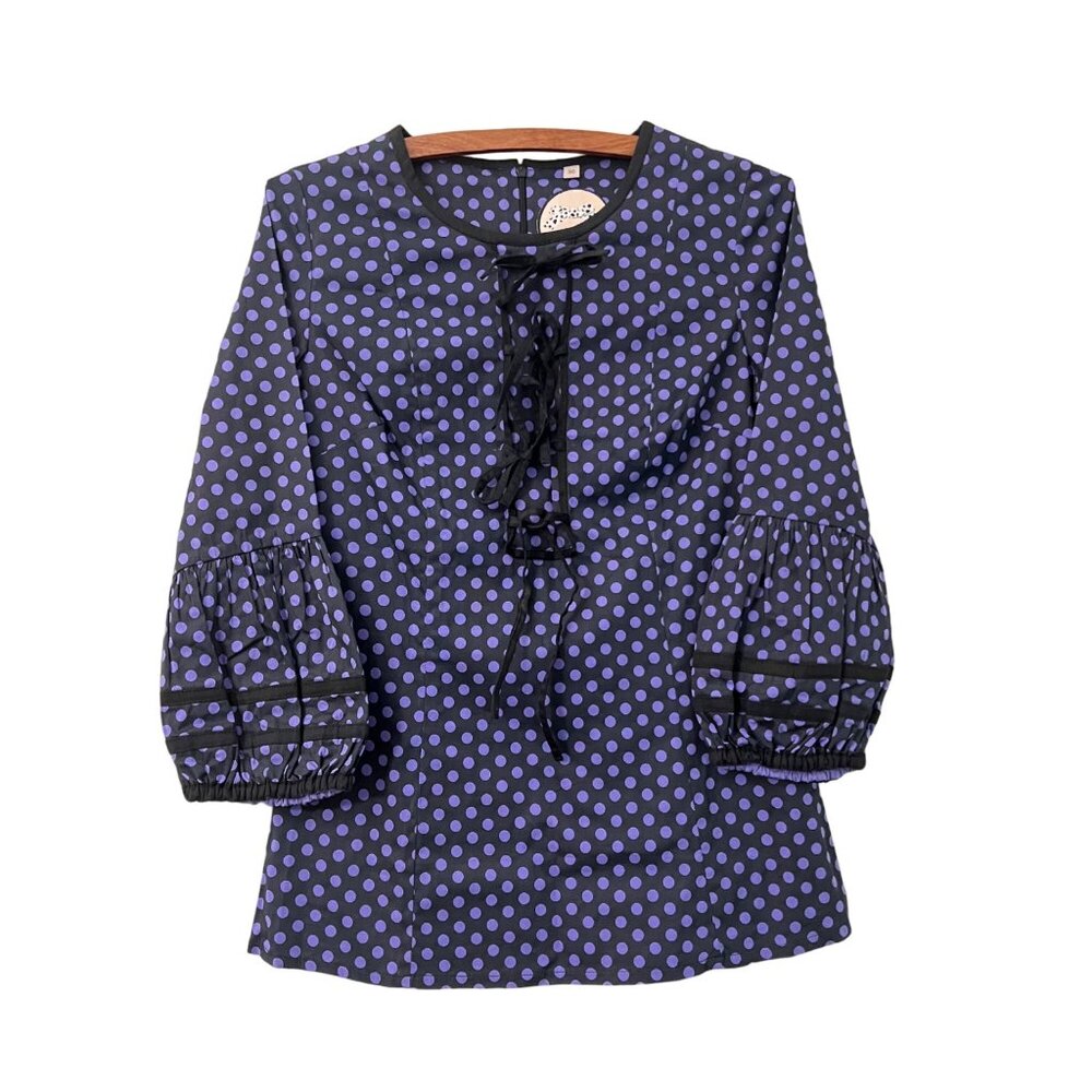 Almatrichi Black Purple Polka Dot Bow Detail Tunic Blouse Womens Size 36